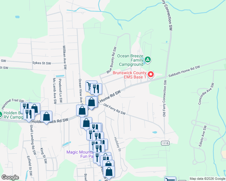 map of restaurants, bars, coffee shops, grocery stores, and more near 1000 Sabbath Home Road Southwest in Brunswick County
