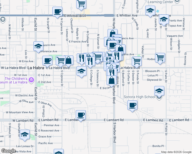 map of restaurants, bars, coffee shops, grocery stores, and more near 211 South Valencia Street in La Habra