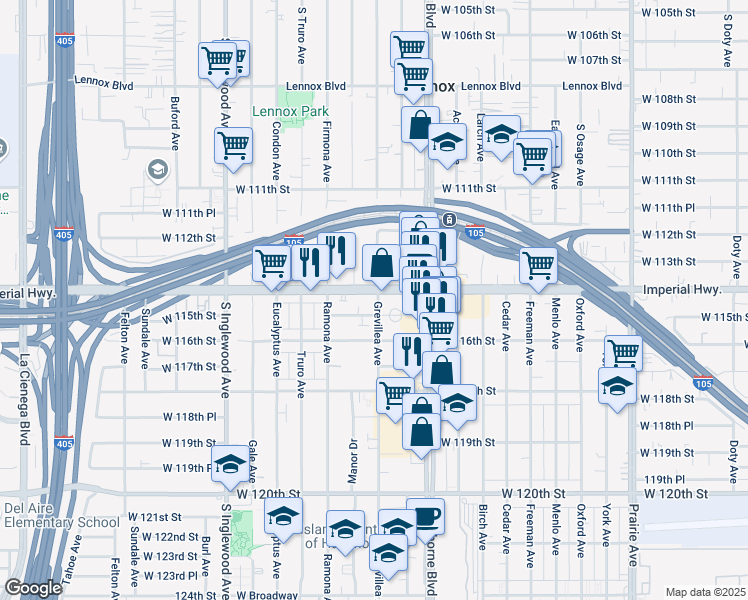 map of restaurants, bars, coffee shops, grocery stores, and more near 4478 West 115th Street in Hawthorne