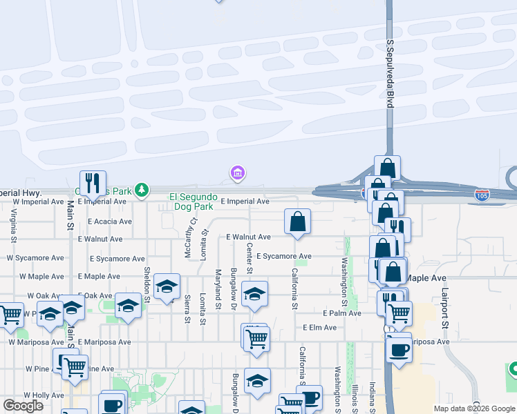 map of restaurants, bars, coffee shops, grocery stores, and more near 1108 East Imperial Avenue in El Segundo