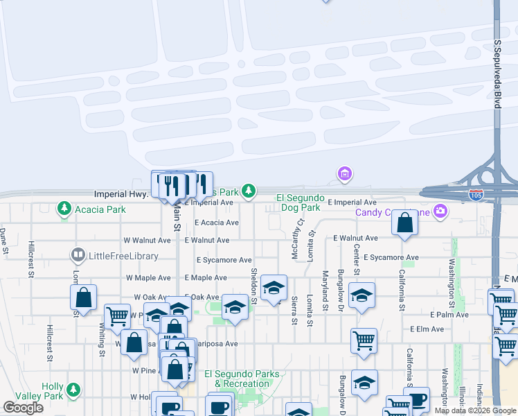 map of restaurants, bars, coffee shops, grocery stores, and more near 500 East Imperial Avenue in El Segundo