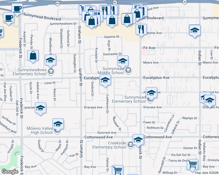 map of restaurants, bars, coffee shops, grocery stores, and more near 13114 Larkhaven Drive in Moreno Valley
