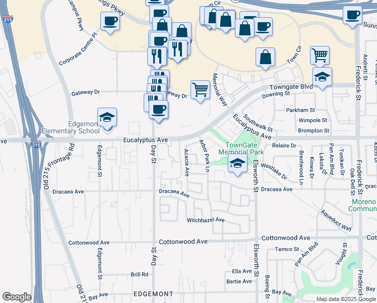 map of restaurants, bars, coffee shops, grocery stores, and more near 13090 Honeylocust Avenue in Moreno Valley