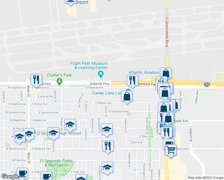 map of restaurants, bars, coffee shops, grocery stores, and more near 1116 East Imperial Avenue in El Segundo