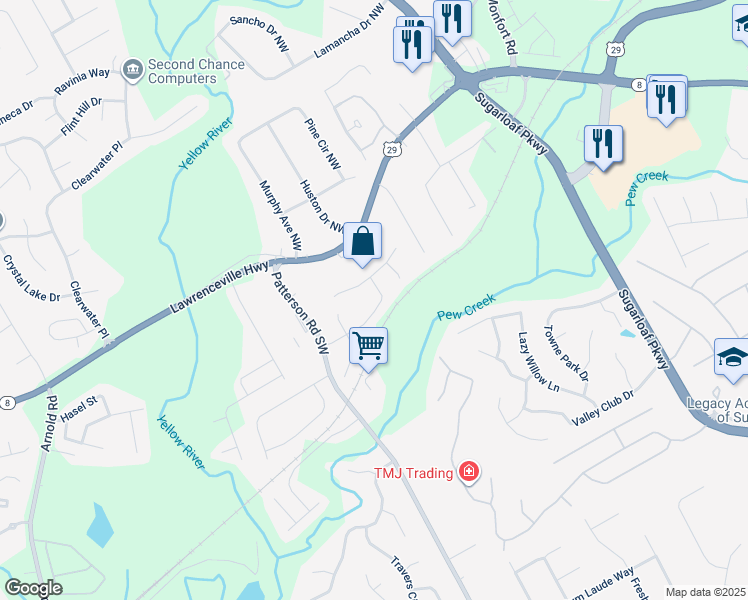 map of restaurants, bars, coffee shops, grocery stores, and more near 1740 Eleah Drive in Lawrenceville
