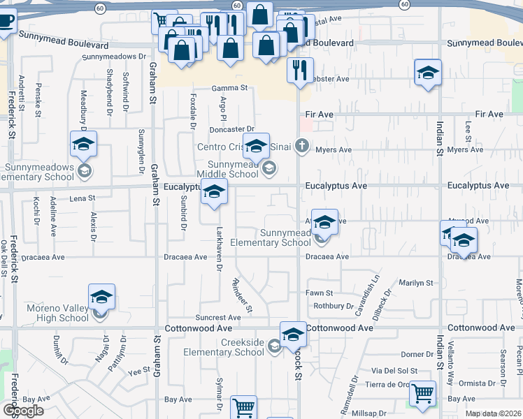 map of restaurants, bars, coffee shops, grocery stores, and more near 23850 Cushenbury Drive in Moreno Valley