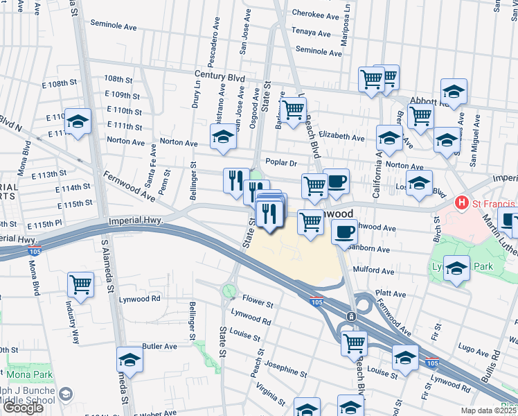 map of restaurants, bars, coffee shops, grocery stores, and more near 3000 East Imperial Highway in Lynwood