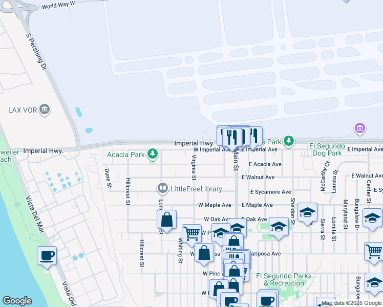 map of restaurants, bars, coffee shops, grocery stores, and more near 955 Virginia Street in El Segundo