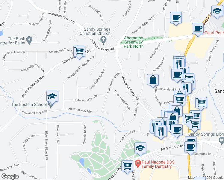 map of restaurants, bars, coffee shops, grocery stores, and more near 6445 Long Island Drive Northeast in Atlanta