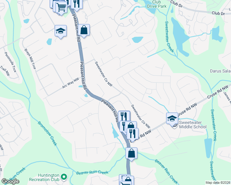 map of restaurants, bars, coffee shops, grocery stores, and more near 1085 Sweetwater Circle Northwest in Lawrenceville