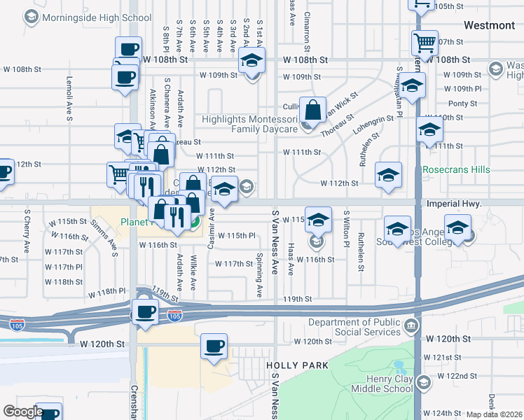 map of restaurants, bars, coffee shops, grocery stores, and more near 2219 West 115th Street in Hawthorne