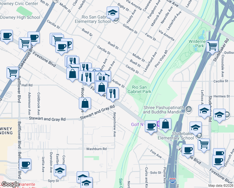 map of restaurants, bars, coffee shops, grocery stores, and more near 11121 Newville Avenue in Downey