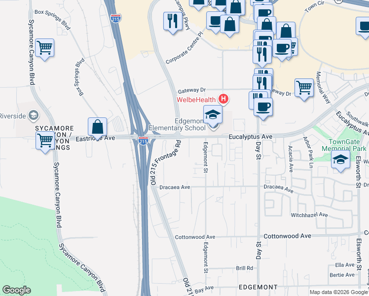 map of restaurants, bars, coffee shops, grocery stores, and more near 13095 Lancaster Lane in Moreno Valley