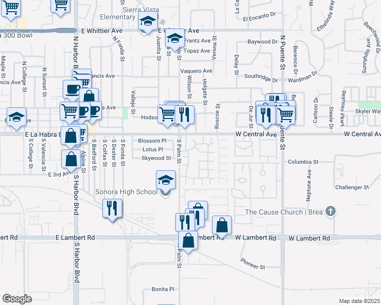map of restaurants, bars, coffee shops, grocery stores, and more near 692 Archwood Avenue in Brea