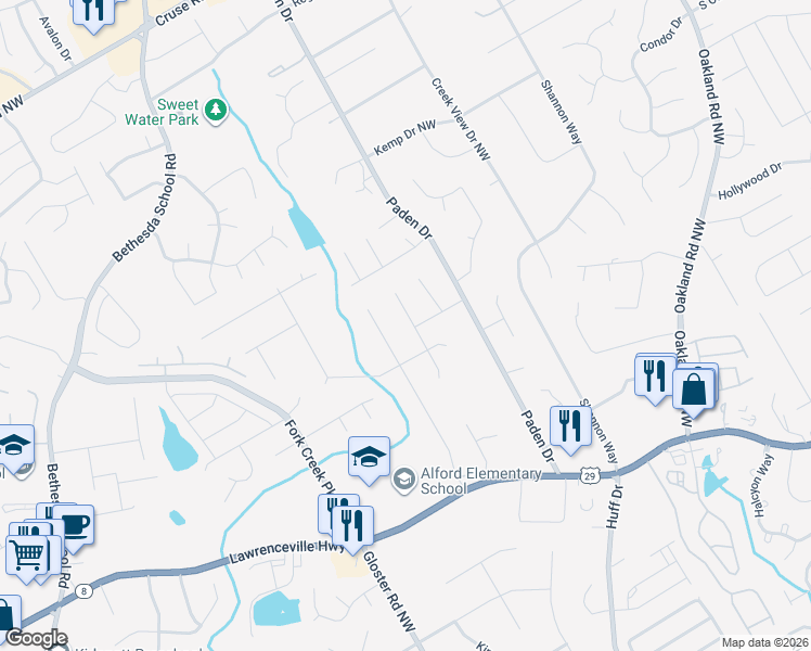 map of restaurants, bars, coffee shops, grocery stores, and more near 480 Padens Chase Court in Lawrenceville