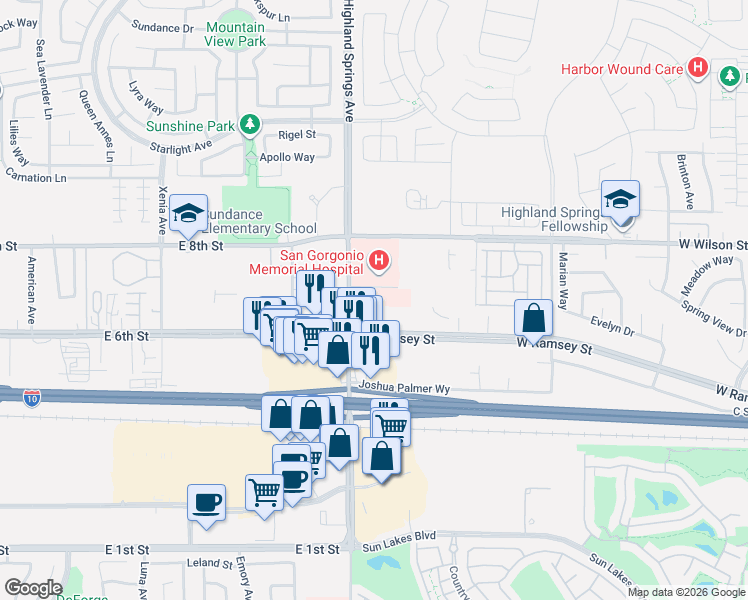 map of restaurants, bars, coffee shops, grocery stores, and more near 264 North Highland Springs Avenue in Banning