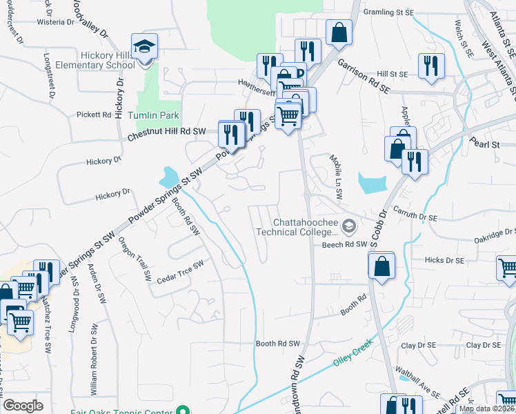 map of restaurants, bars, coffee shops, grocery stores, and more near 750 Sourwood Circle Southwest in Marietta