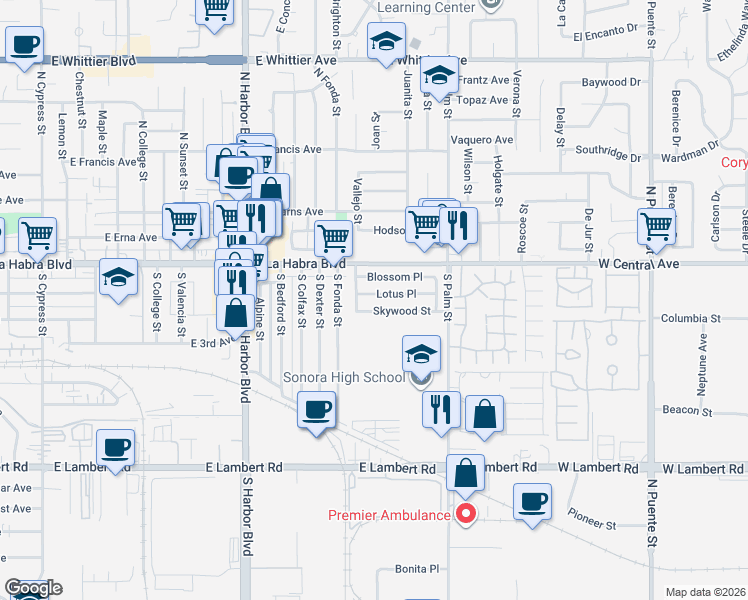 map of restaurants, bars, coffee shops, grocery stores, and more near 1952 Lotus Place in Brea
