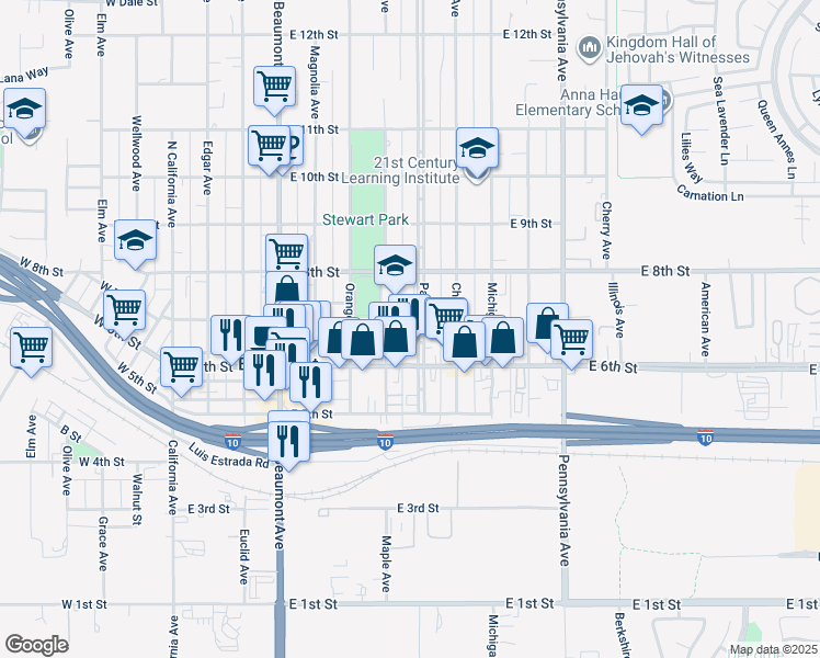 map of restaurants, bars, coffee shops, grocery stores, and more near 614 Palm Avenue in Beaumont