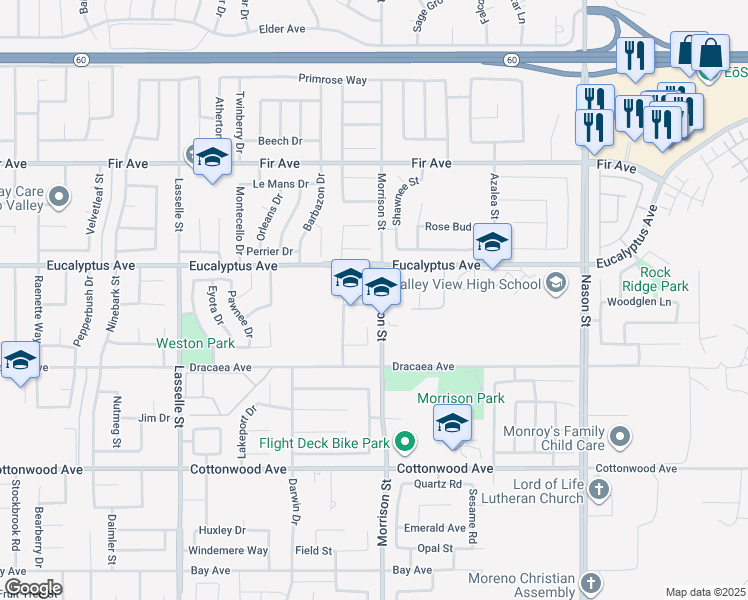 map of restaurants, bars, coffee shops, grocery stores, and more near 26450 Bodega Court in Moreno Valley