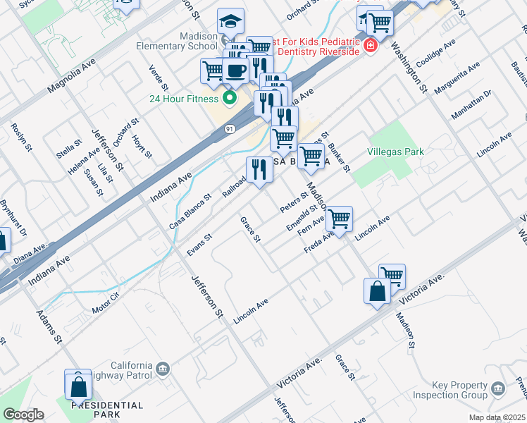 map of restaurants, bars, coffee shops, grocery stores, and more near 7683 Peters Street in Riverside