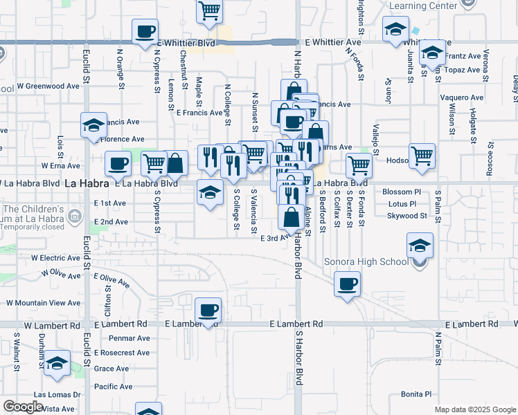 map of restaurants, bars, coffee shops, grocery stores, and more near 301 South Valencia Street in La Habra