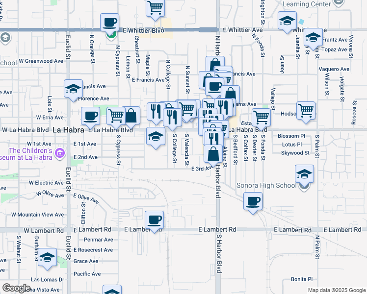 map of restaurants, bars, coffee shops, grocery stores, and more near 301 South Valencia Street in La Habra