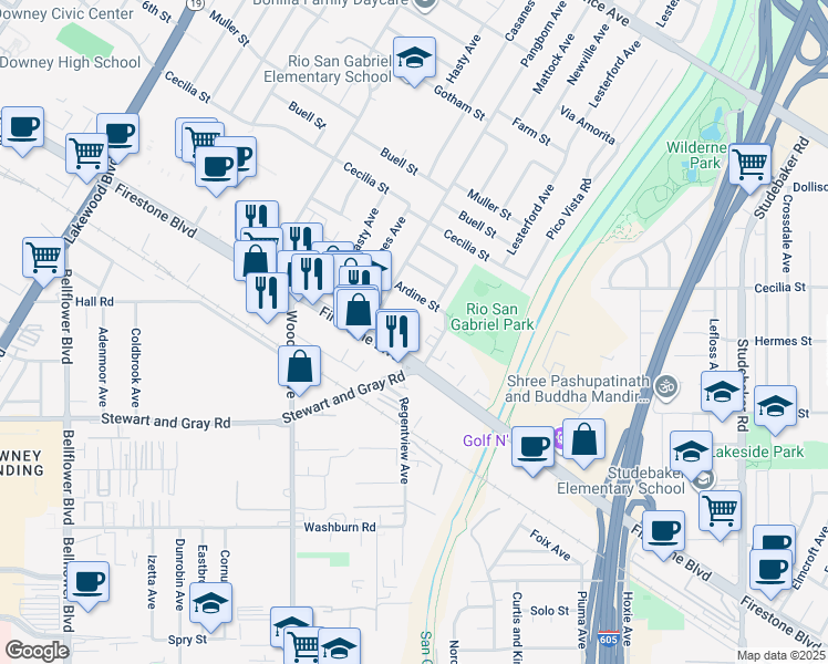 map of restaurants, bars, coffee shops, grocery stores, and more near 11121 Newville Avenue in Downey
