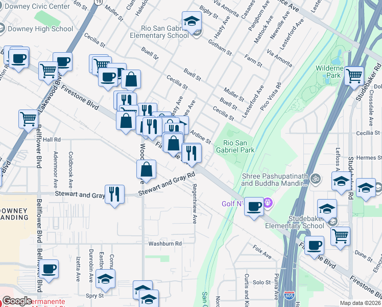 map of restaurants, bars, coffee shops, grocery stores, and more near 9539 Firestone Boulevard in Downey