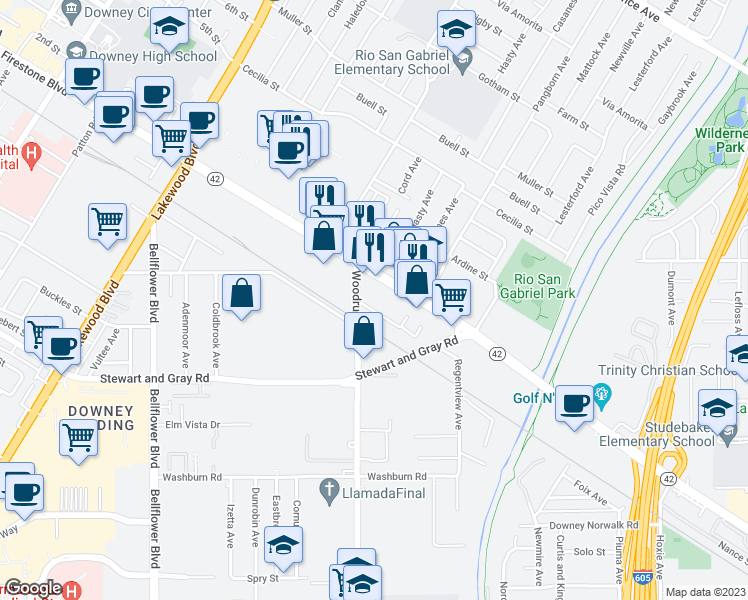 map of restaurants, bars, coffee shops, grocery stores, and more near 9426 Nance Street in Downey