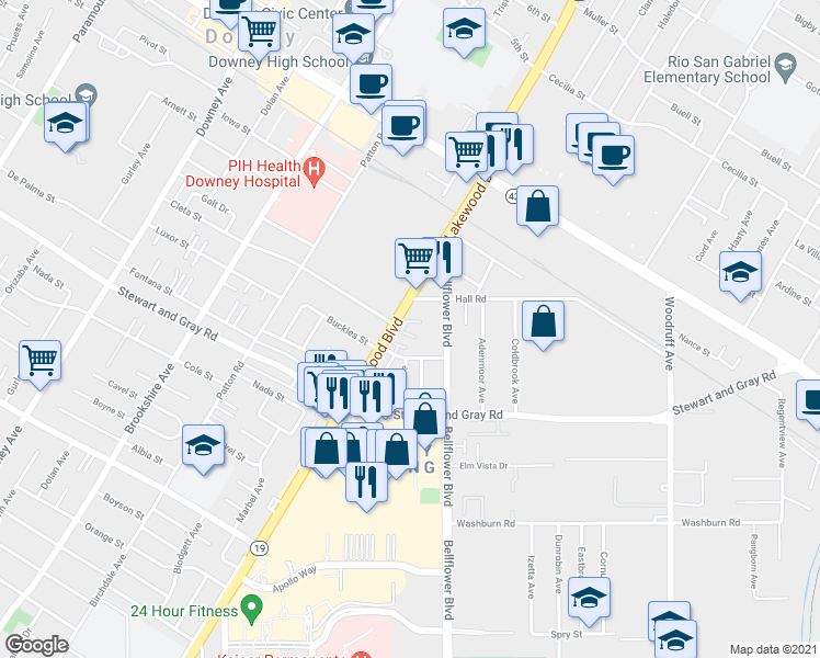 map of restaurants, bars, coffee shops, grocery stores, and more near 9045 Buckles Street in Downey