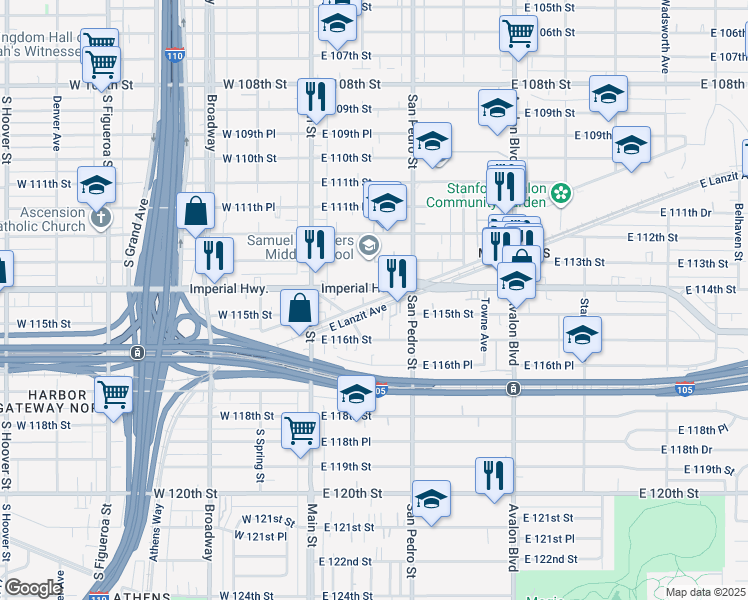 map of restaurants, bars, coffee shops, grocery stores, and more near 252 East Lanzit Avenue in Los Angeles