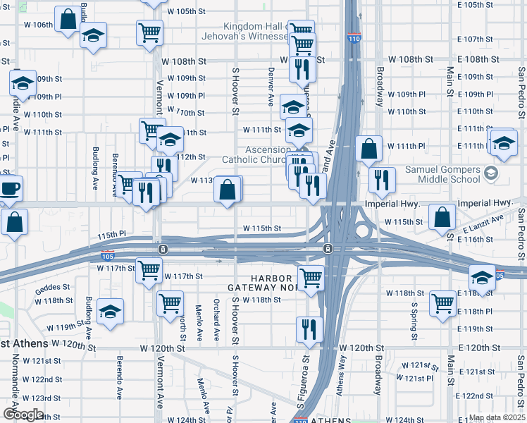 map of restaurants, bars, coffee shops, grocery stores, and more near 617 West 115th Street in Los Angeles
