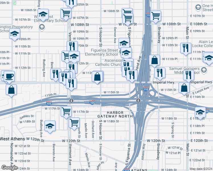 map of restaurants, bars, coffee shops, grocery stores, and more near 617 West 115th Street in Los Angeles