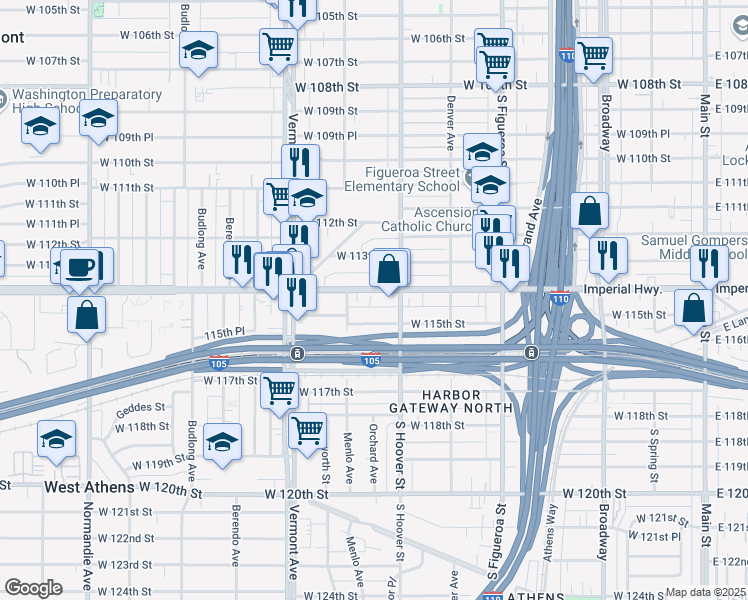 map of restaurants, bars, coffee shops, grocery stores, and more near 741 West 115th Street in Los Angeles