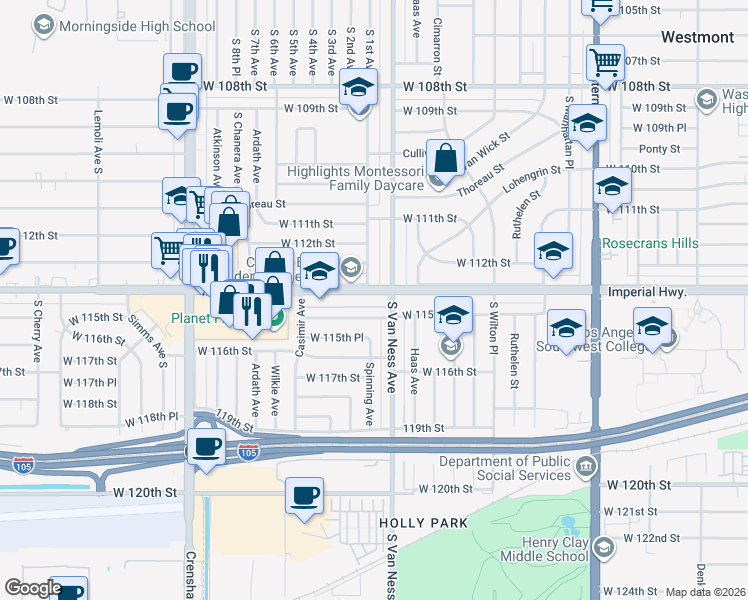 map of restaurants, bars, coffee shops, grocery stores, and more near 2219 West 115th Street in Hawthorne