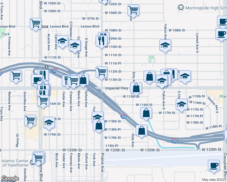 map of restaurants, bars, coffee shops, grocery stores, and more near 3921 West 115th Street in Hawthorne