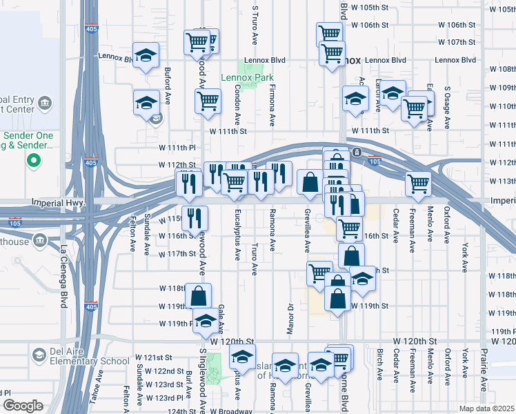 map of restaurants, bars, coffee shops, grocery stores, and more near 11500 Truro Avenue in Hawthorne