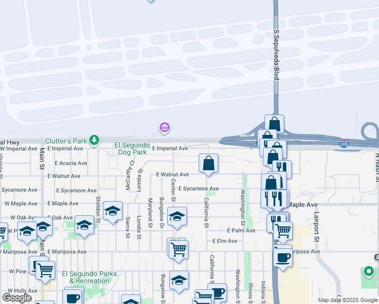 map of restaurants, bars, coffee shops, grocery stores, and more near 1109 East Acacia Avenue in El Segundo