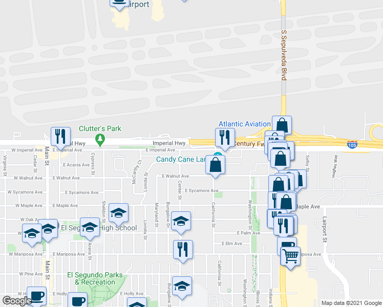 map of restaurants, bars, coffee shops, grocery stores, and more near 1109 East Acacia Avenue in El Segundo
