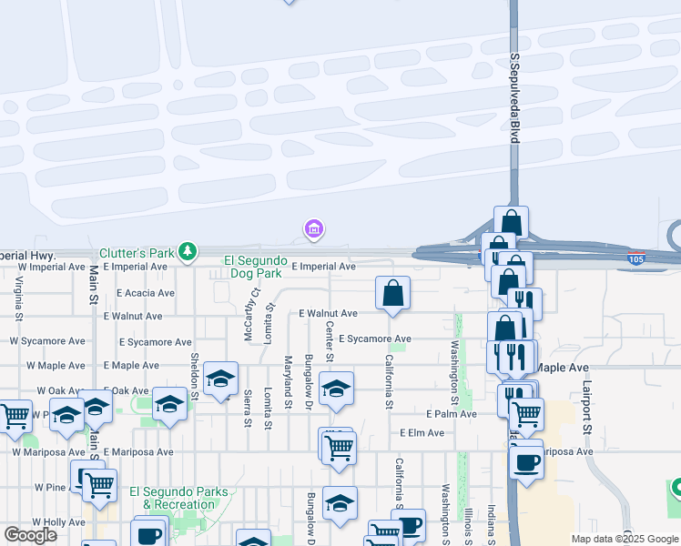 map of restaurants, bars, coffee shops, grocery stores, and more near 1109 East Acacia Avenue in El Segundo