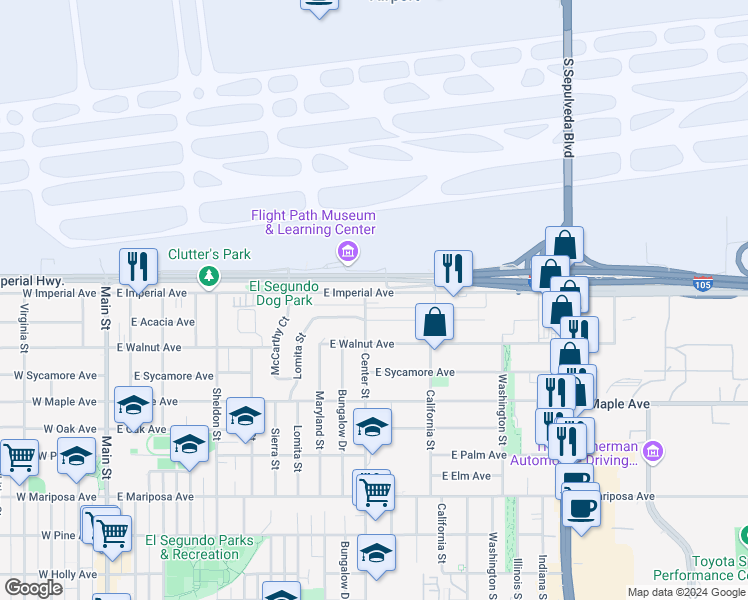 map of restaurants, bars, coffee shops, grocery stores, and more near 1109 East Acacia Avenue in El Segundo