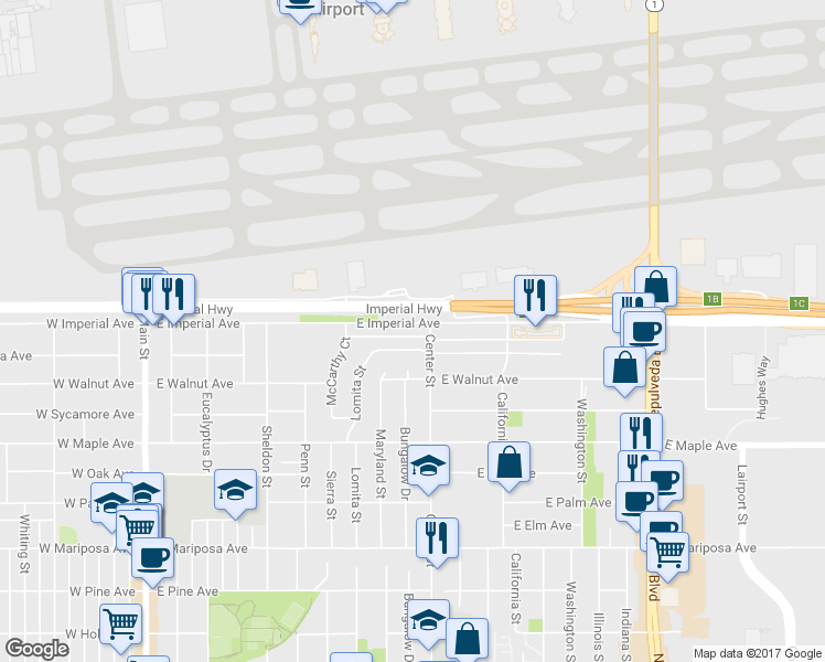 map of restaurants, bars, coffee shops, grocery stores, and more near 1042 East Imperial Avenue in El Segundo