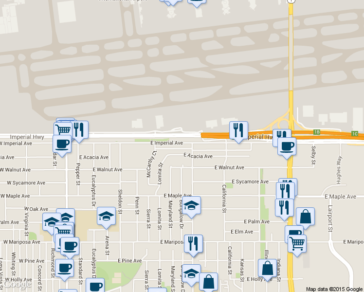 map of restaurants, bars, coffee shops, grocery stores, and more near 1042 East Imperial Avenue in El Segundo