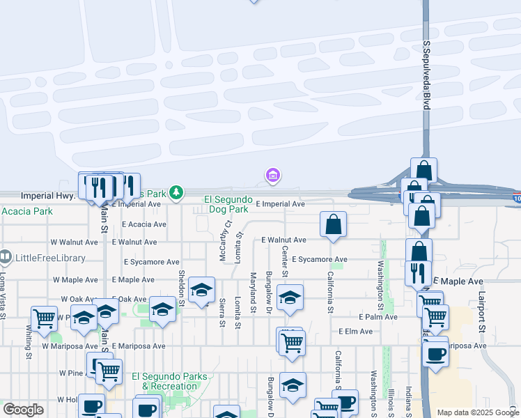 map of restaurants, bars, coffee shops, grocery stores, and more near 1000 Lomita Street in El Segundo