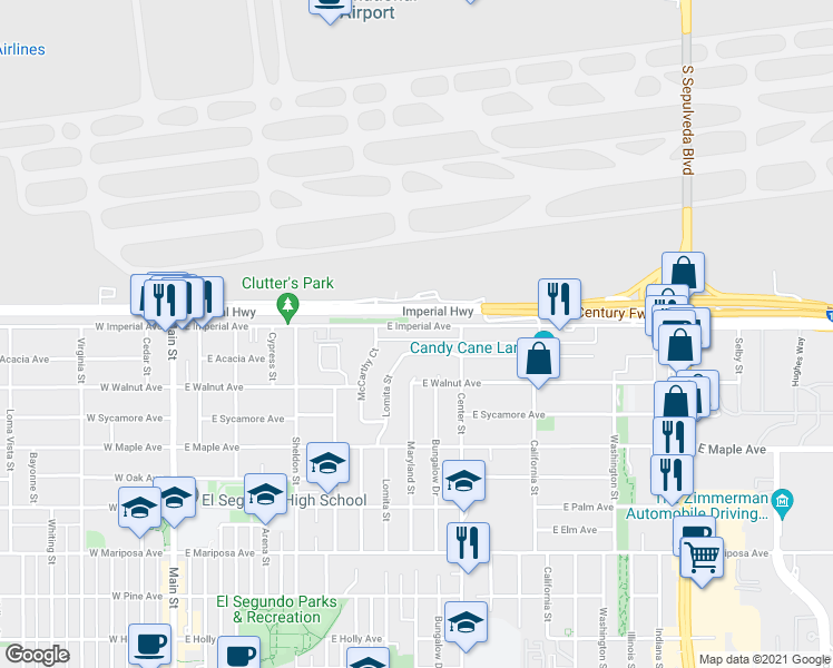 map of restaurants, bars, coffee shops, grocery stores, and more near 1000 Lomita Street in El Segundo