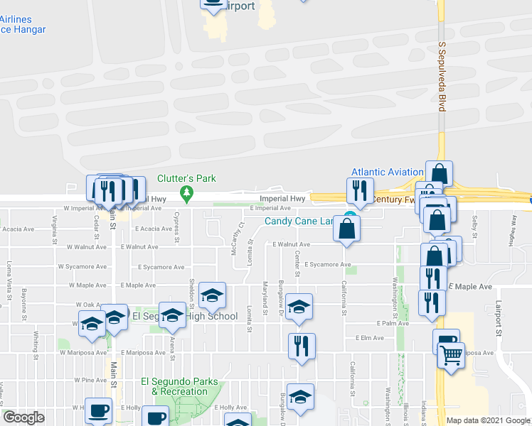 map of restaurants, bars, coffee shops, grocery stores, and more near 1000 Lomita Street in El Segundo