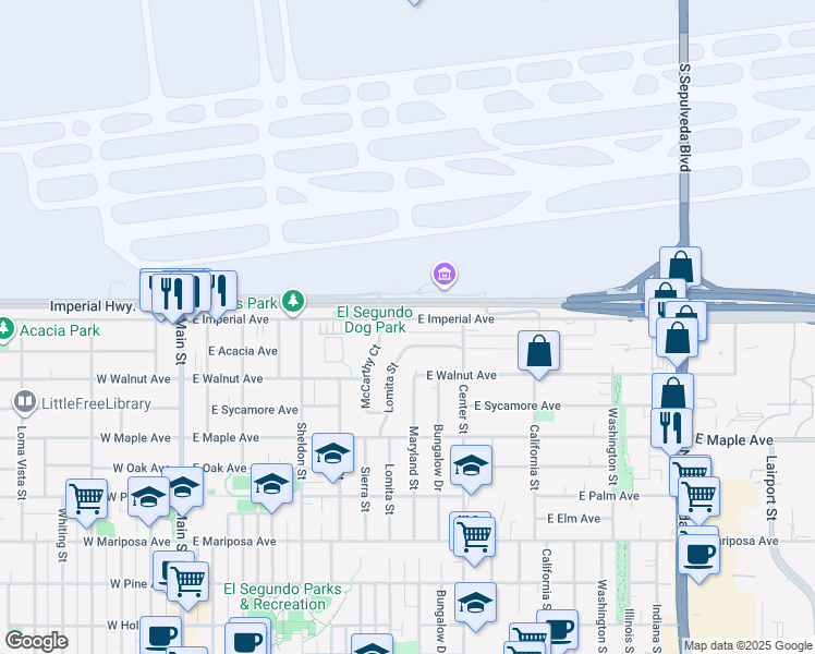 map of restaurants, bars, coffee shops, grocery stores, and more near 1000 Lomita Street in El Segundo