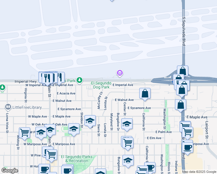 map of restaurants, bars, coffee shops, grocery stores, and more near 1000 Lomita Street in El Segundo