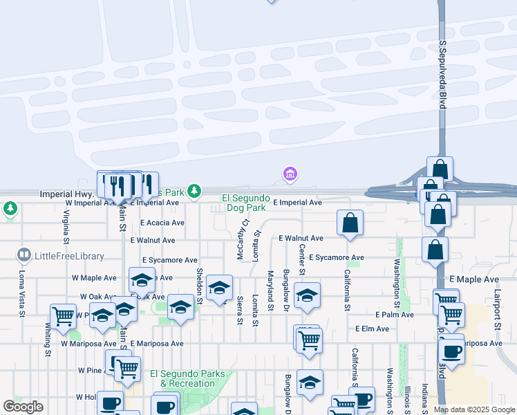 map of restaurants, bars, coffee shops, grocery stores, and more near 1000 Lomita Street in El Segundo